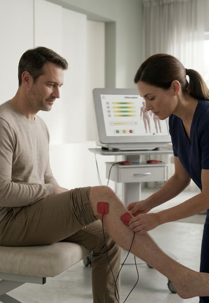 Eine Behandlerin bringt Elektroden am Knie eines sitzenden Patienten an; daneben zeigt das Frequency First Gerät das laufende Programm.