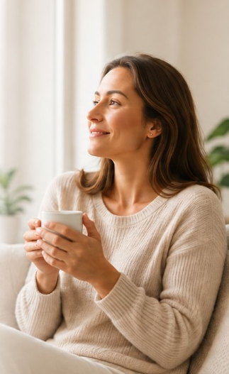 Eine Frau sitzt entspannt und gelöst mit einer Tasse auf dem Sofa.